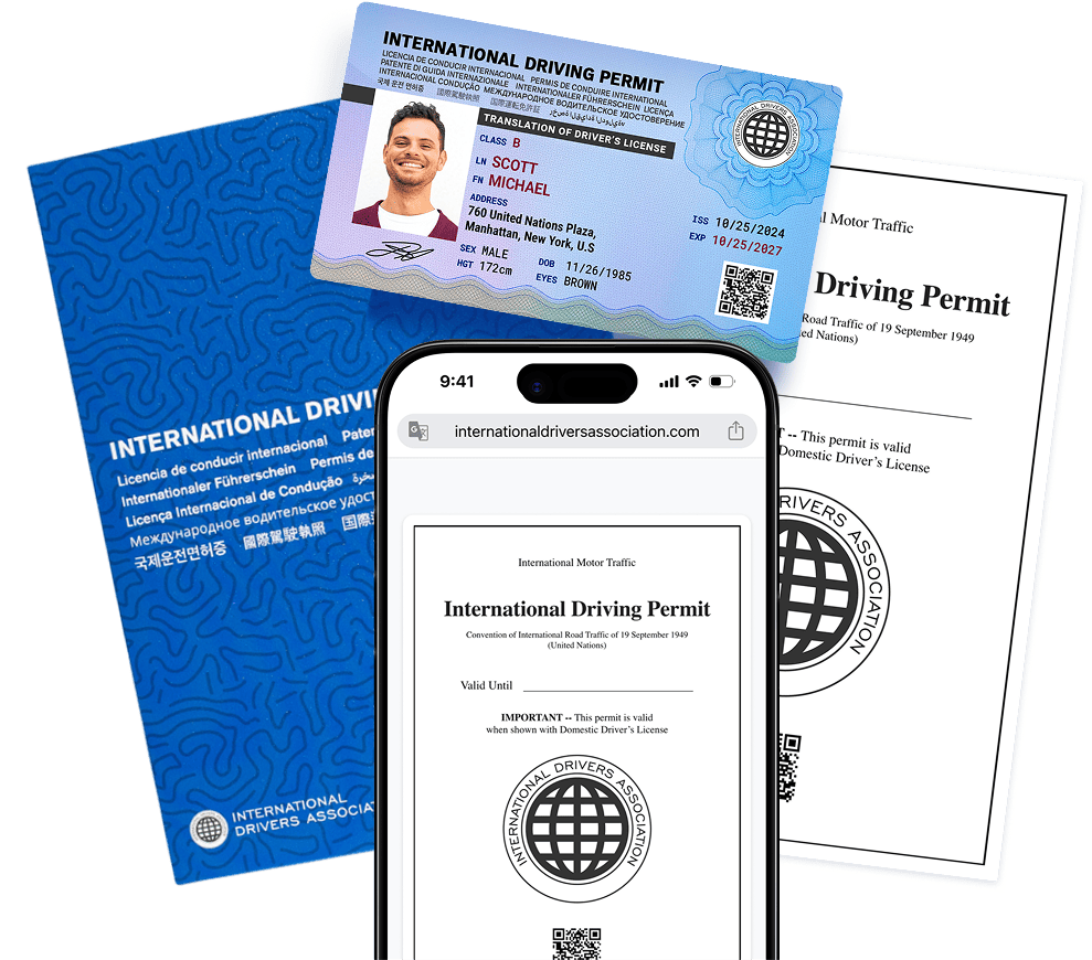 International Driving Permit card, booklet and phone